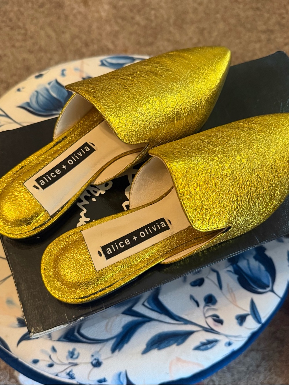 alice + olivia Metallic Gold Pointed Slip-On Mules